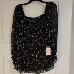 LC Lauren Conrad Black Sheer Floral Top